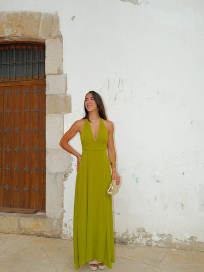 Vestido largo gasa escote pico oliva