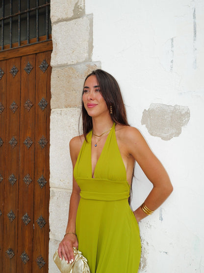 Vestido largo gasa escote pico oliva