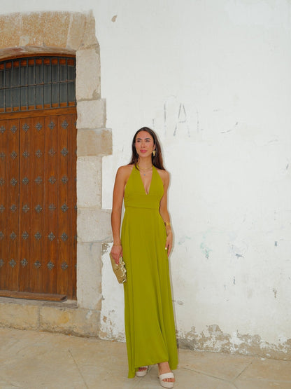 Vestido largo gasa escote pico oliva