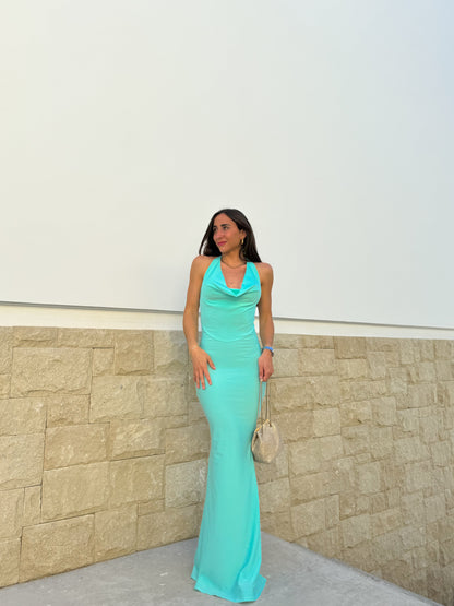 Vestido cascada largo turquesa