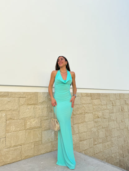 Vestido cascada largo turquesa