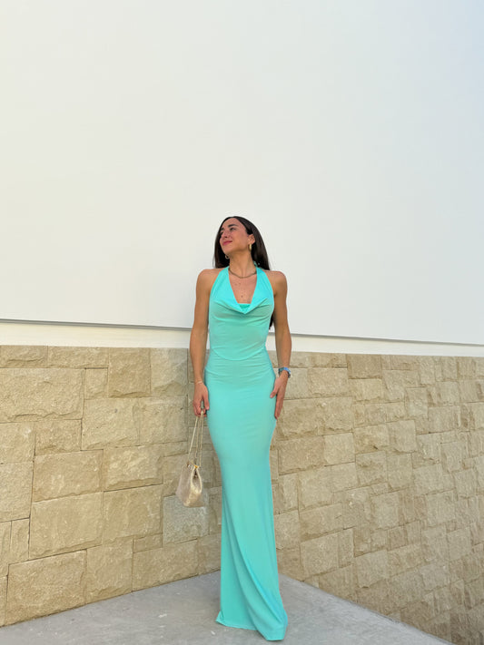Vestido cascada largo turquesa