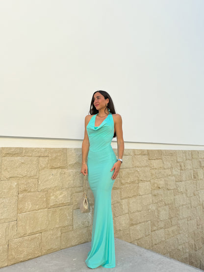 Vestido cascada largo turquesa