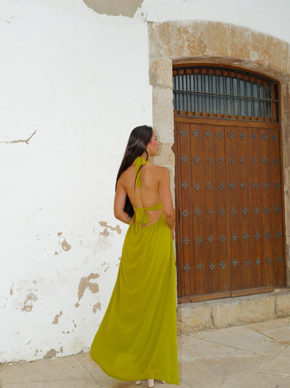 Vestido largo gasa escote pico oliva