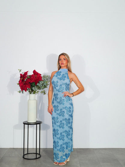 Vestido detalle tulle halter celeste