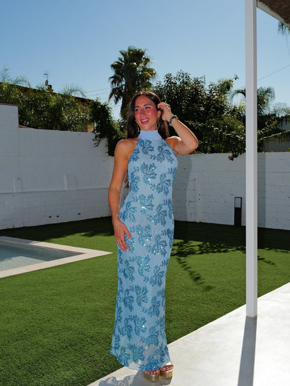 Vestido detalle tulle halter celeste