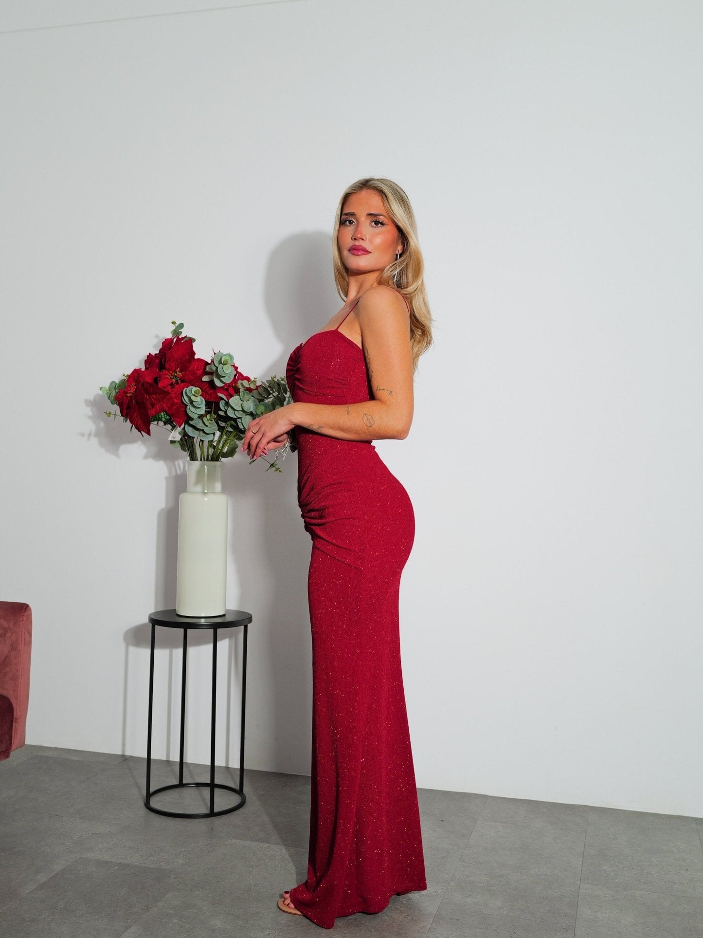 Vestido largo lurex frunce burdeos